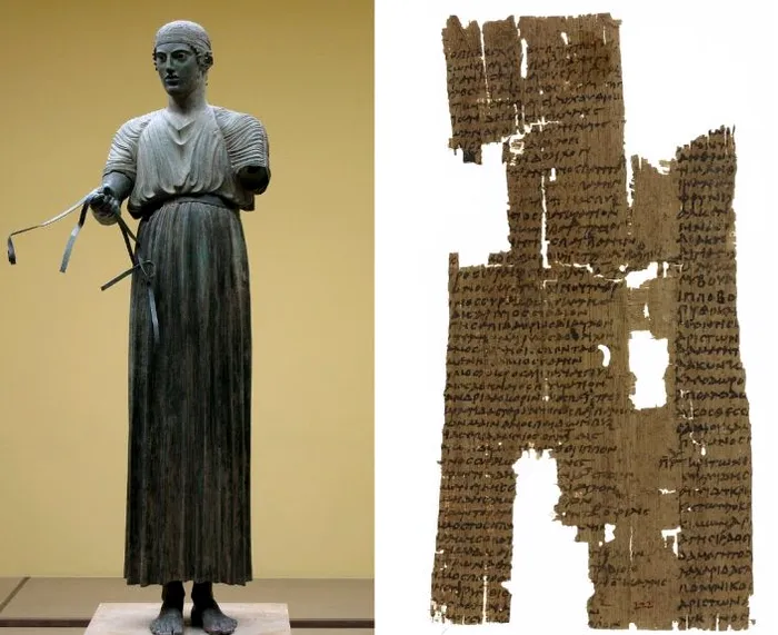 O statuie grecească antică cunoscută sub numele de Vizitiul din Delphi și o listă a învingătorilor olimpici antici.