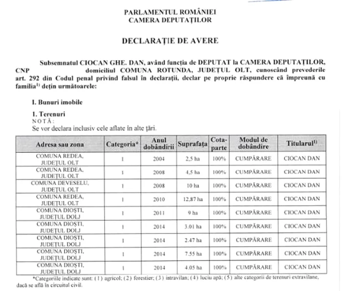 Declarația de avere a lui Dan Ciocan
