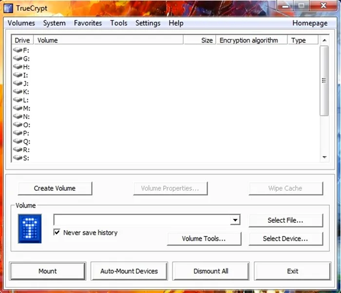 TrueCrypt interfata standard