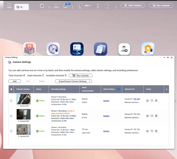 Partea de configurare din QVR Surveillance