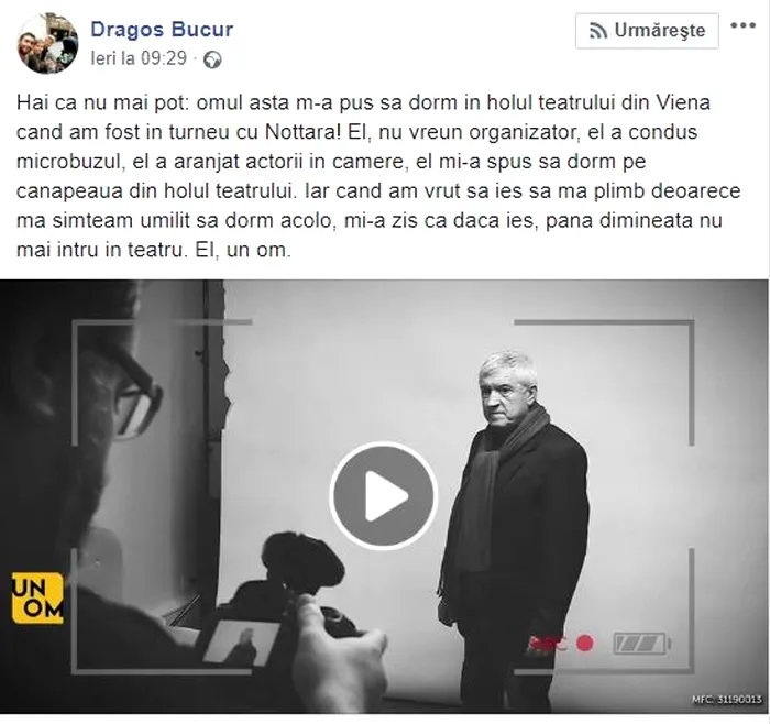Postarea lui Dragoș Bucur despre Mircea Diaconu