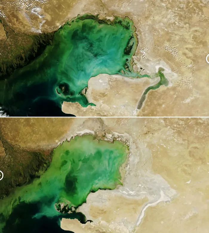 O imagine din satelit a părții de nord a Mării Caspice din 20 septembrie 2006 și o imagine a aceleiași locații din 19 septembrie 2022.