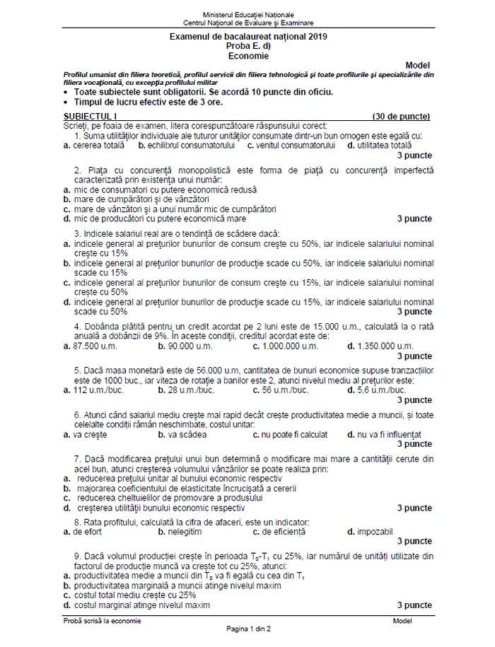 Bacalaureat 2019. Ce subiecte au picat la Economie. Vezi PDF