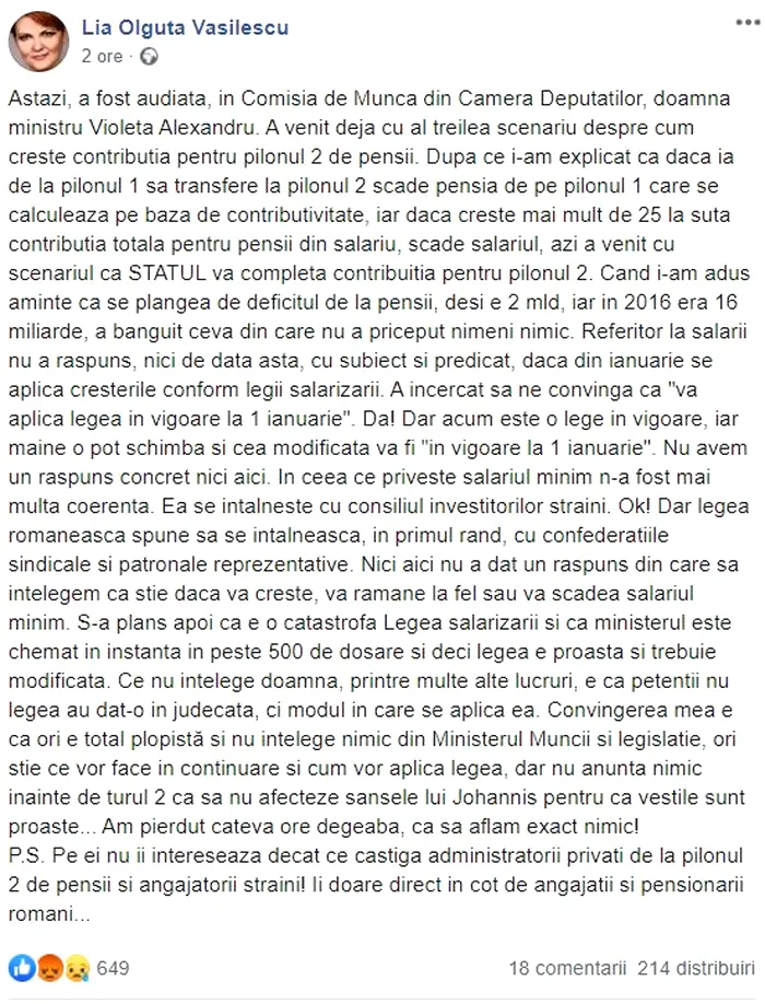 Lia Olguța Vasilescu atacă din nou guvernul Orban