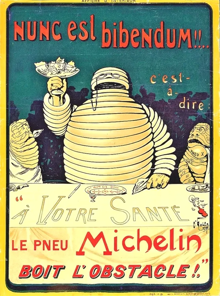 Posterul din 1898 este prima reprezentare a Omului Michelin (zis și Bibendum) ținând un toast. Foto Historia