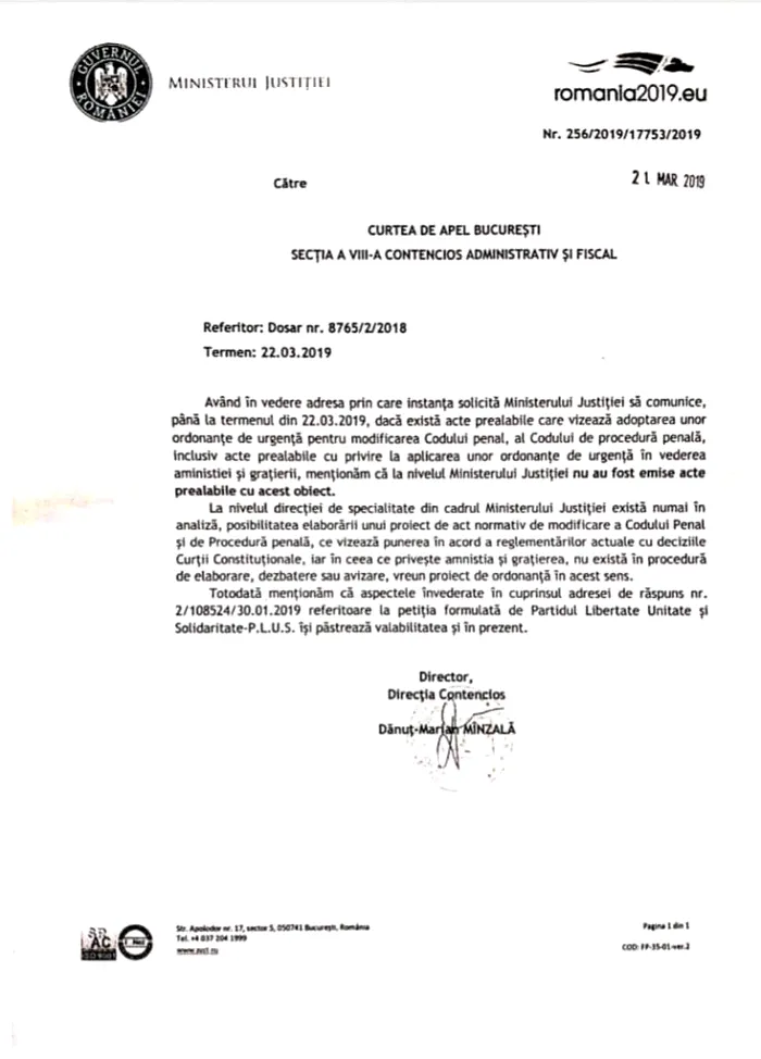 Documentul remis Curții de Apel București
